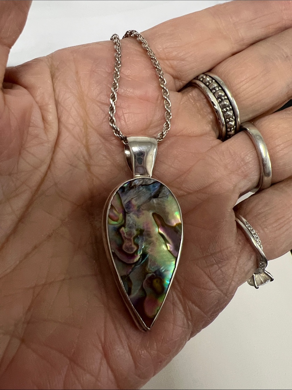 Sterling Silver Teardrop Abalone Pendant Necklace - Iridescent Colors
